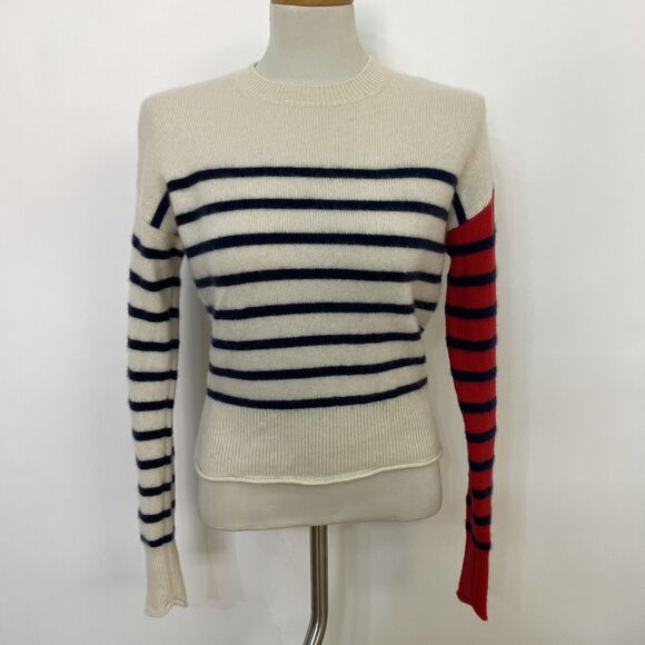 Nordstrom Signature Women's Sweater Small Ivory Red Blue 100% Cashmere Striped - Picture 1 of 9